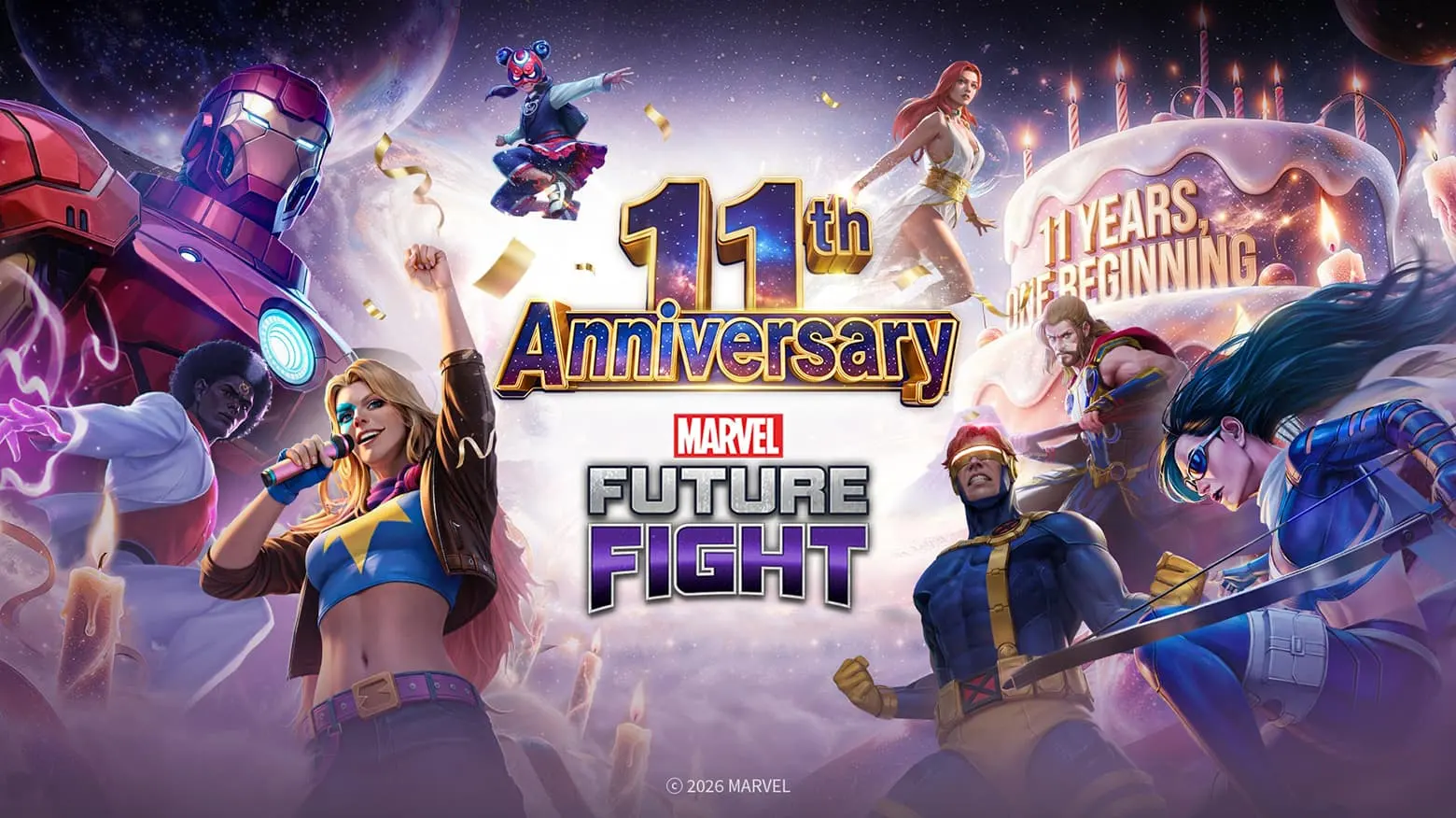 Personagens de Marvel Future Fight no aniversário de 11 anos
